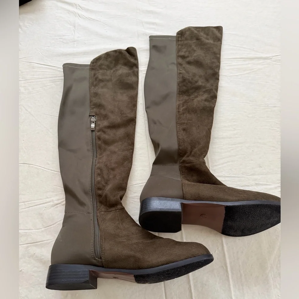 Catherine Malandrino Over The Knee Jude Olive Green Boots Zip Low Heel